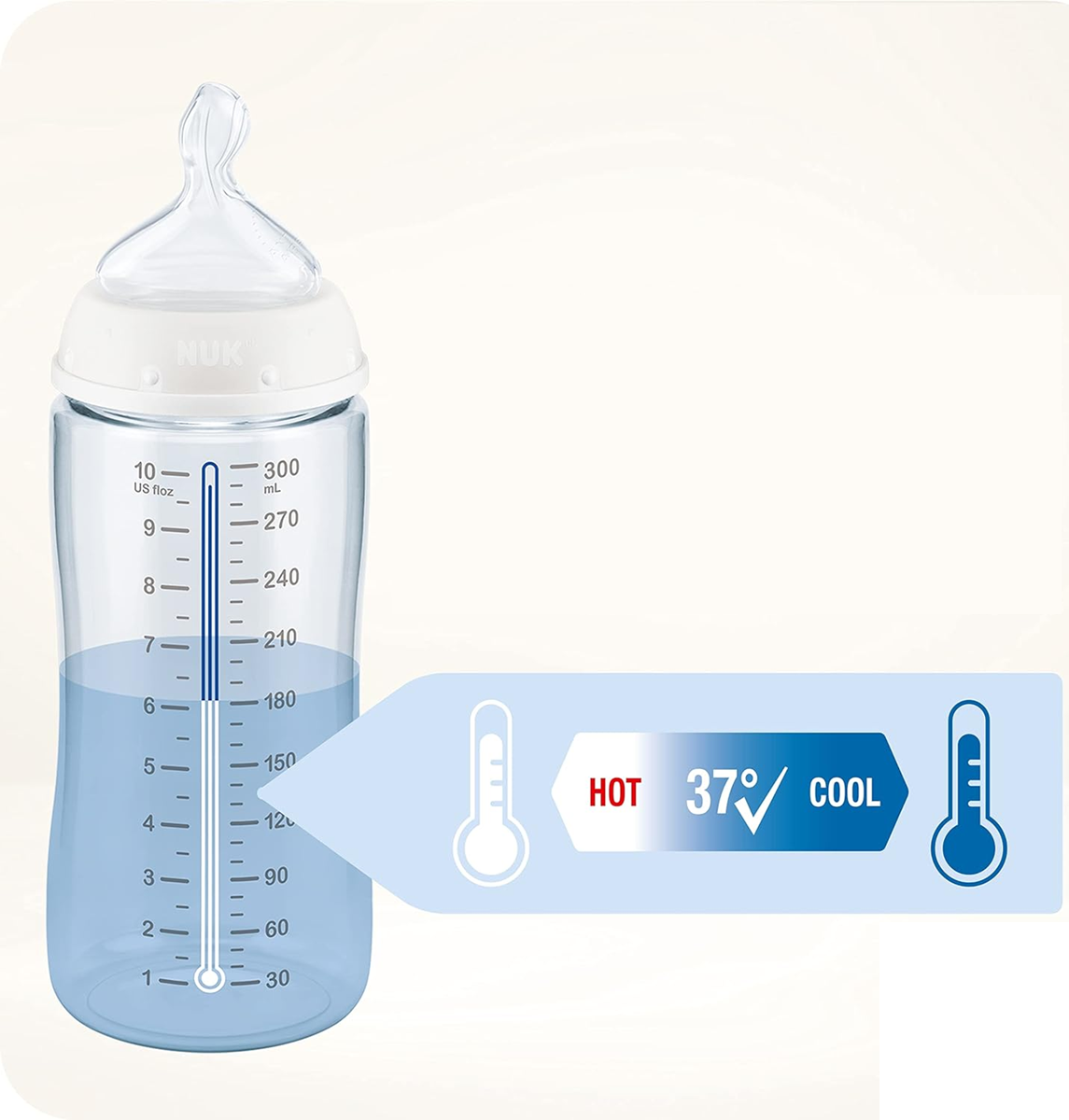 NUK First Choice butelka szklana 240 ml smoczek M 3 m+ KONIK MORSKI, butelka z termometrem 37°C
