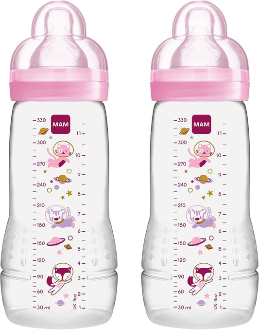 MAM Easy Active zestaw butelek 330 ml 4 m+ smoczek 2 KOSMOS, 2 butelki z miarką i różowym smoczkiem