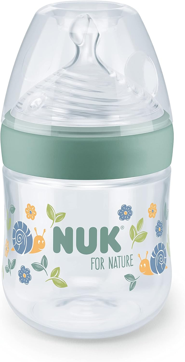 NUK For Nature biberón 150 ml 1 m+ chupete S flujo lento control de temperatura