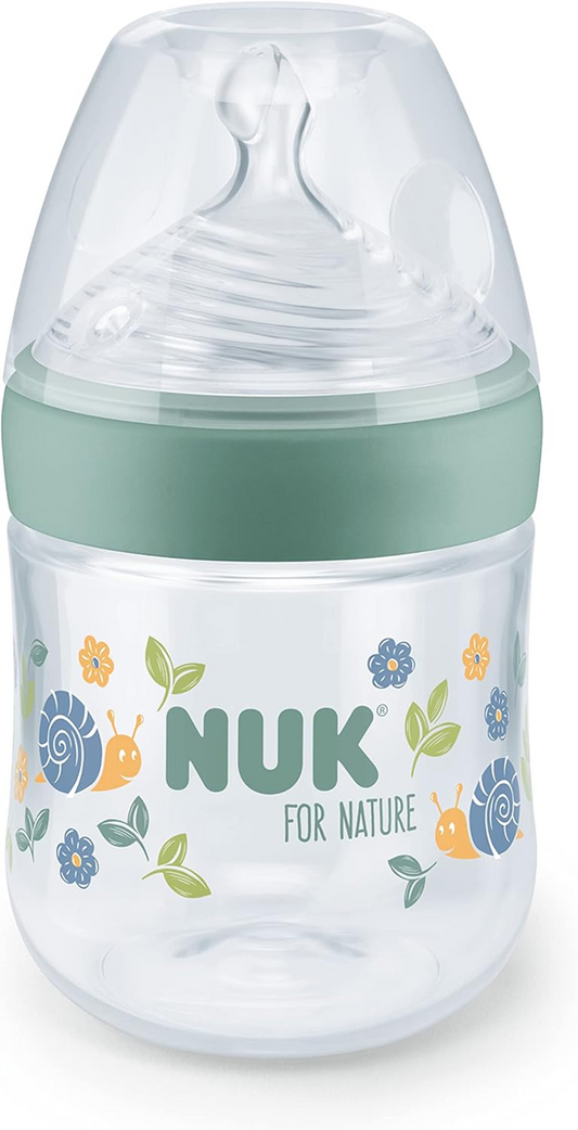 NUK For Nature biberón 150 ml 1 m+ chupete S flujo lento control de temperatura