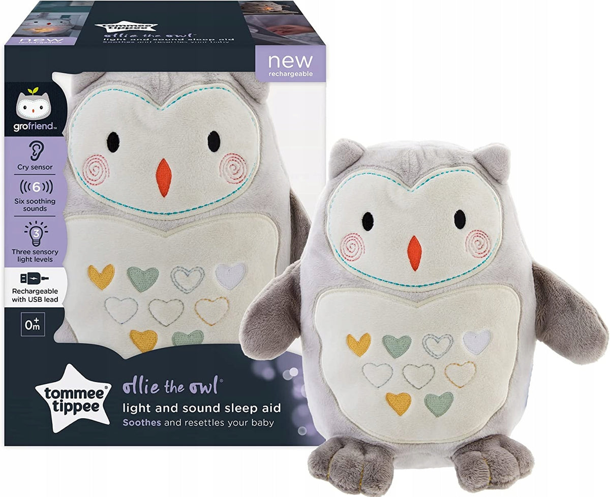 TOMMEE TIPPEE Sowa Ollie PRZYTULANKA lampka dźwięk, szara sowa z pozytywką i lampką nocną