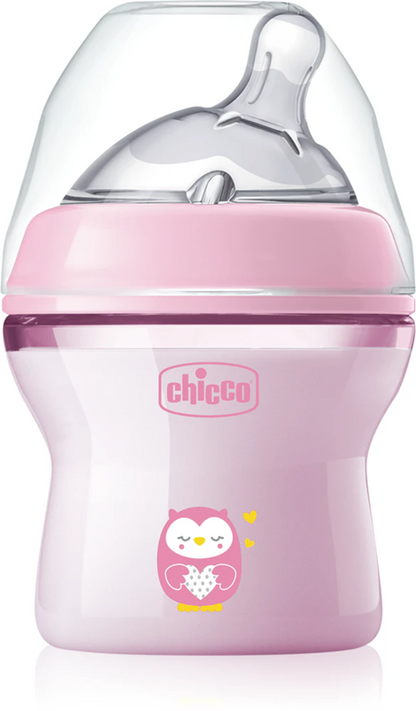 CHICCO NaturalFeeling butelka 150 ml 0+ wolny przepływ, różowa butelka ze smoczkiem antykolkowym