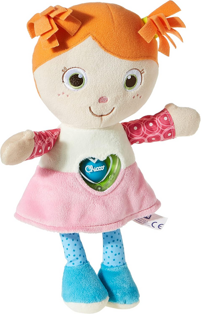CHICCO Muñeca Emily de peluche abrazable con sonajero en el corazón, 26 cm