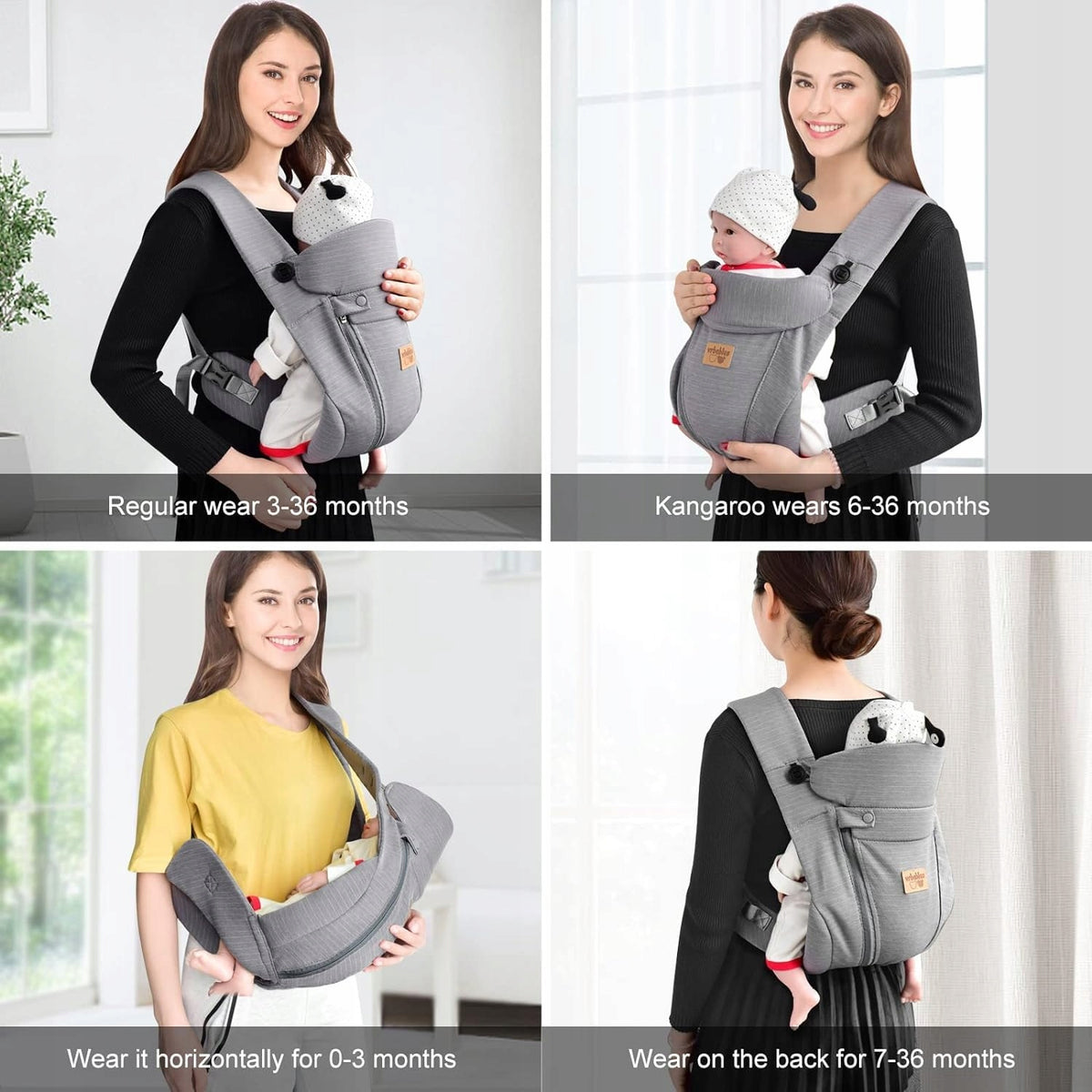 VRBABIES nosidełko ergonomiczne szare, noszenie z przodu, na biodrze i na plecach dla dziecka 3,5-15 kg