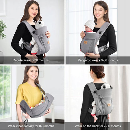 VRBABIES nosidełko ergonomiczne szare, noszenie z przodu, na biodrze i na plecach dla dziecka 3,5-15 kg
