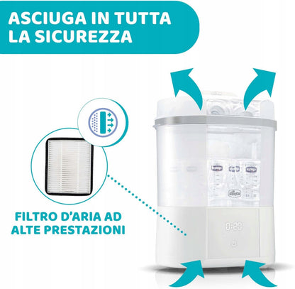CHICCO sterylizator parowy z suszarką All in One z filtrem powietrza, biały, do sterylizacji i suszenia butelek