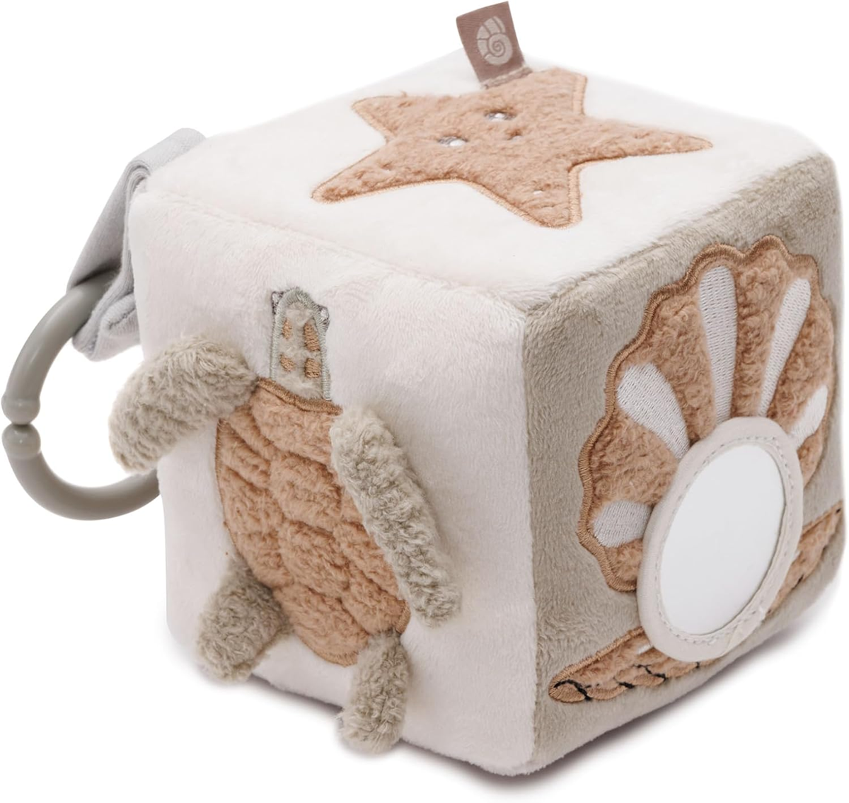 JOLLEIN Cubo de actividades colgante de peluche con sonajero y espejo 11x11 cm