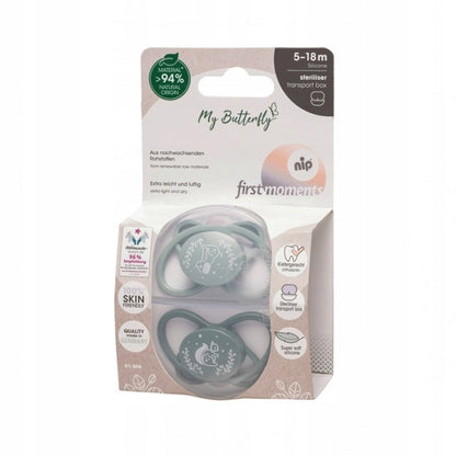 NIP My Butterfly smoczek uspokajający x2 5-18msc, silikonowy, BPA-free, z etui transportowym i motywem Gute-Nacht