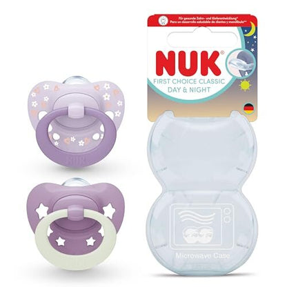 NUK First Choice Classic smoczek uspokajający 18-36m x2, fioletowy zestaw z etui, Day & Night