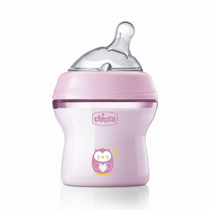 CHICCO NaturalFeeling butelka 150 ml 0+ wolny przepływ różowa z silikonowym smoczkiem antykolkowym