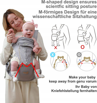 GROWNSY nosidełko ergonomiczne z pasem biodrowym 6w1, szare, M-shaped design dla zdrowej pozycji dziecka