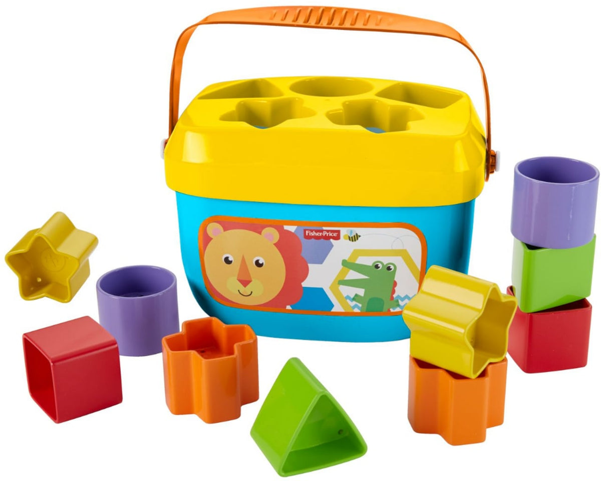 Fisher Price FFC84 Pierwsze Klocki — sorter z żółtą pokrywką i kolorowymi klockami
