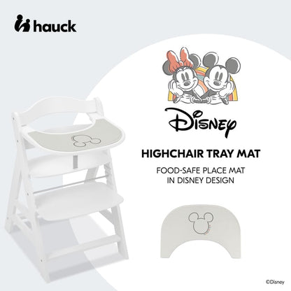 Poglądowa grafika maty z Myszką Mickey na tacce białego krzesełka oraz osobnego widoku maty.