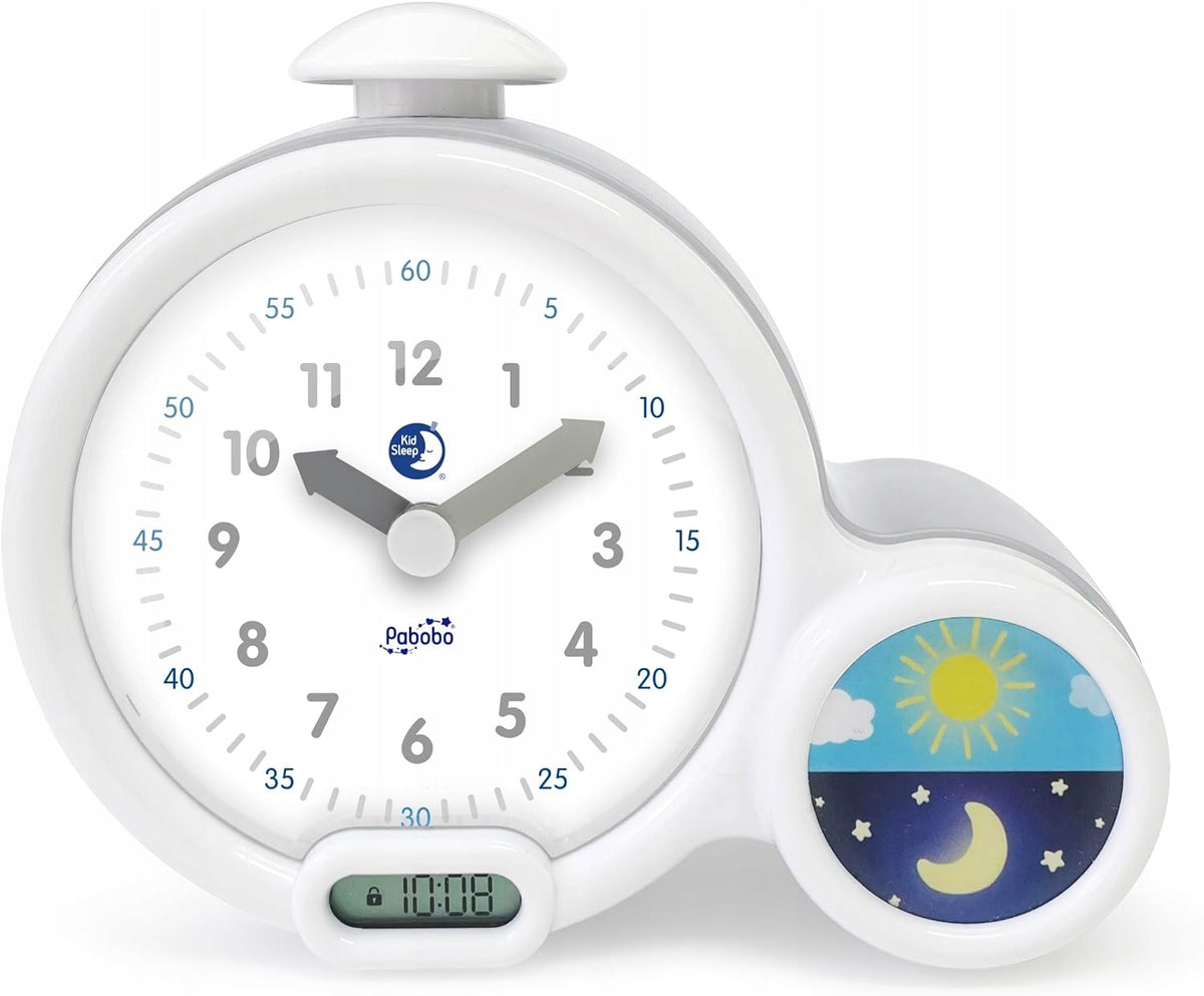 PABOBO Kid'Sleep BUDZIK EDUKACYJNY szary, budzik do nauki wstawania, biało-szary, z wyświetlaczem dzień/noc