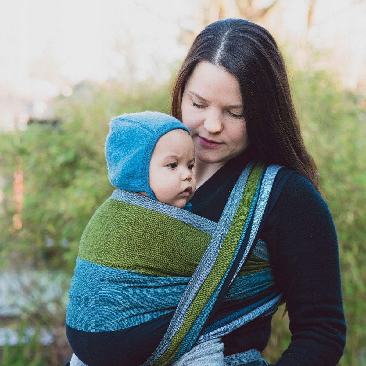 HOPPEDIZ chusta tkana do noszenia dziecka 3,7x0,7, niebiesko-zielona w pasy, dla wygodnego noszenia dziecka