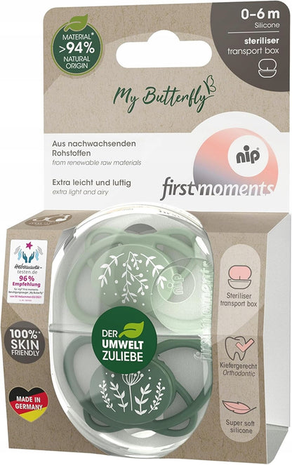 NIP My Butterfly smoczek uspokajający x2 0-6 msc, silikonowy, bez BPA i BPS, z pudełkiem sterylizującym