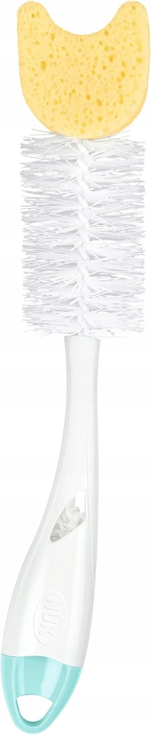 NUK 2w1 szczotka do czyszczenia smoczków butelek i smoczków 28 cm, biała z gąbką i ergonomicznym uchwytem