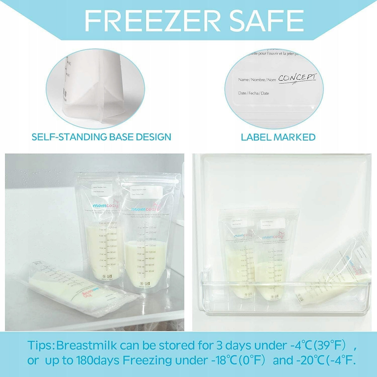 MOMCOZY Bolsas para almacenamiento de leche materna 50 unidades