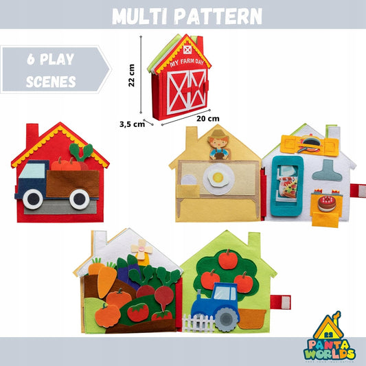 MEQBEM książka edukacyjna sensoryczna MÓJ DZIEŃ NA FARMIE, filcowa książeczka Montessori 22 cm, 6 scen zabawy