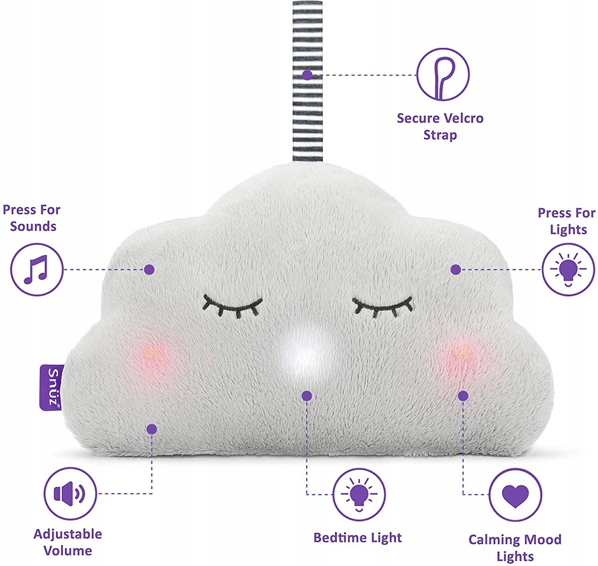 SNUZcloud peluche con sonidos para dormir, latido del corazón y luces para bebés