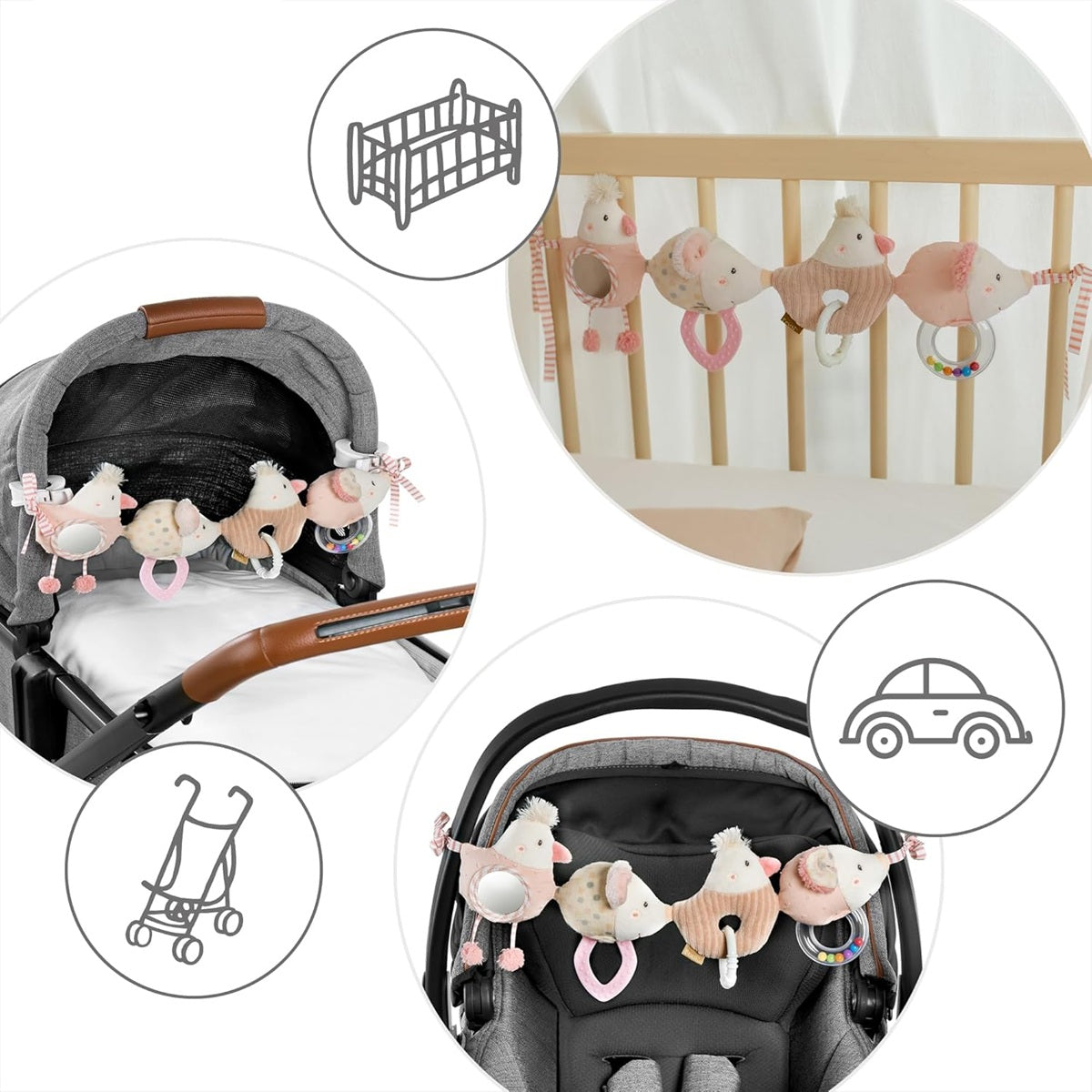 Fehn FehnLand zawieszka do wózka i łóżeczka Farma, różowa zawieszka dziecięca do wózka, łóżeczka i fotelika