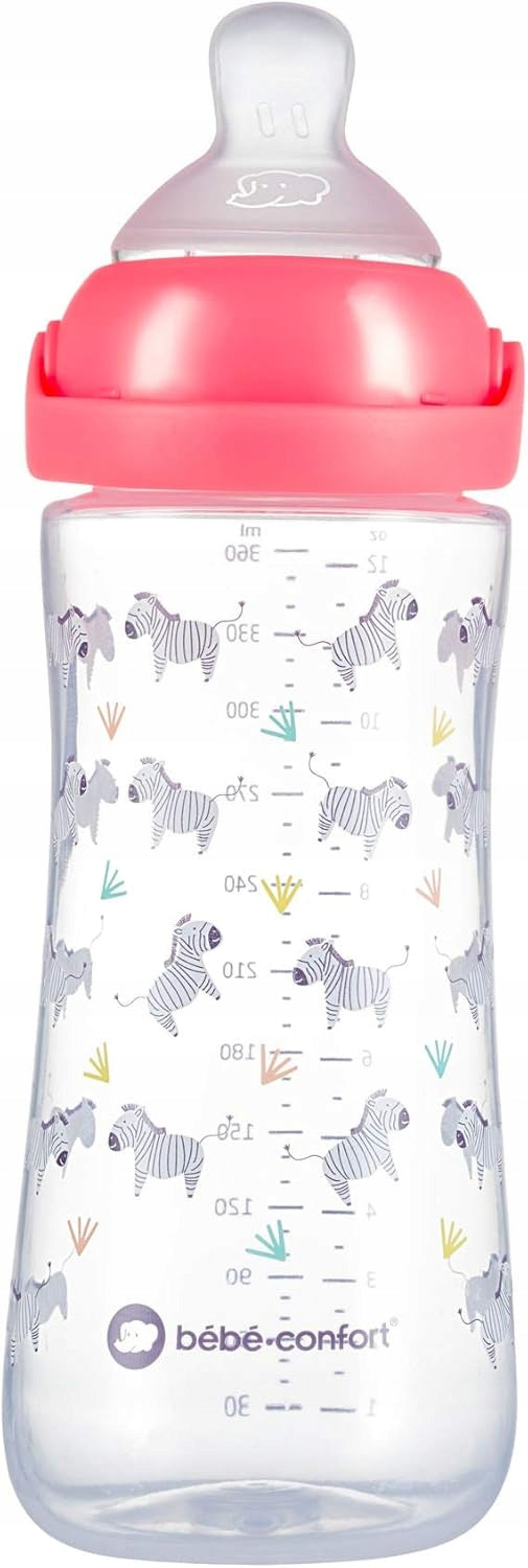 BEBE CONFORT Emotion Physio butelka 6 m+ 360 ml ZEBRA, przezroczysto-różowa butelka z motywem zebry