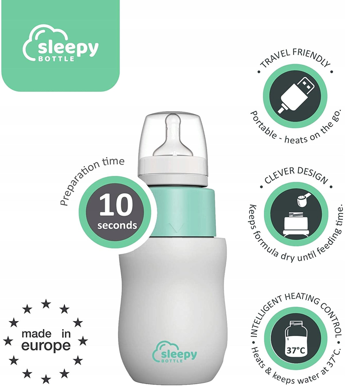 SLEEPY BOTTLE zestaw startowy podgrzewacz z butelk. miętowo-biały, przenośny, 10 sekund, do mleka dla niemowląt