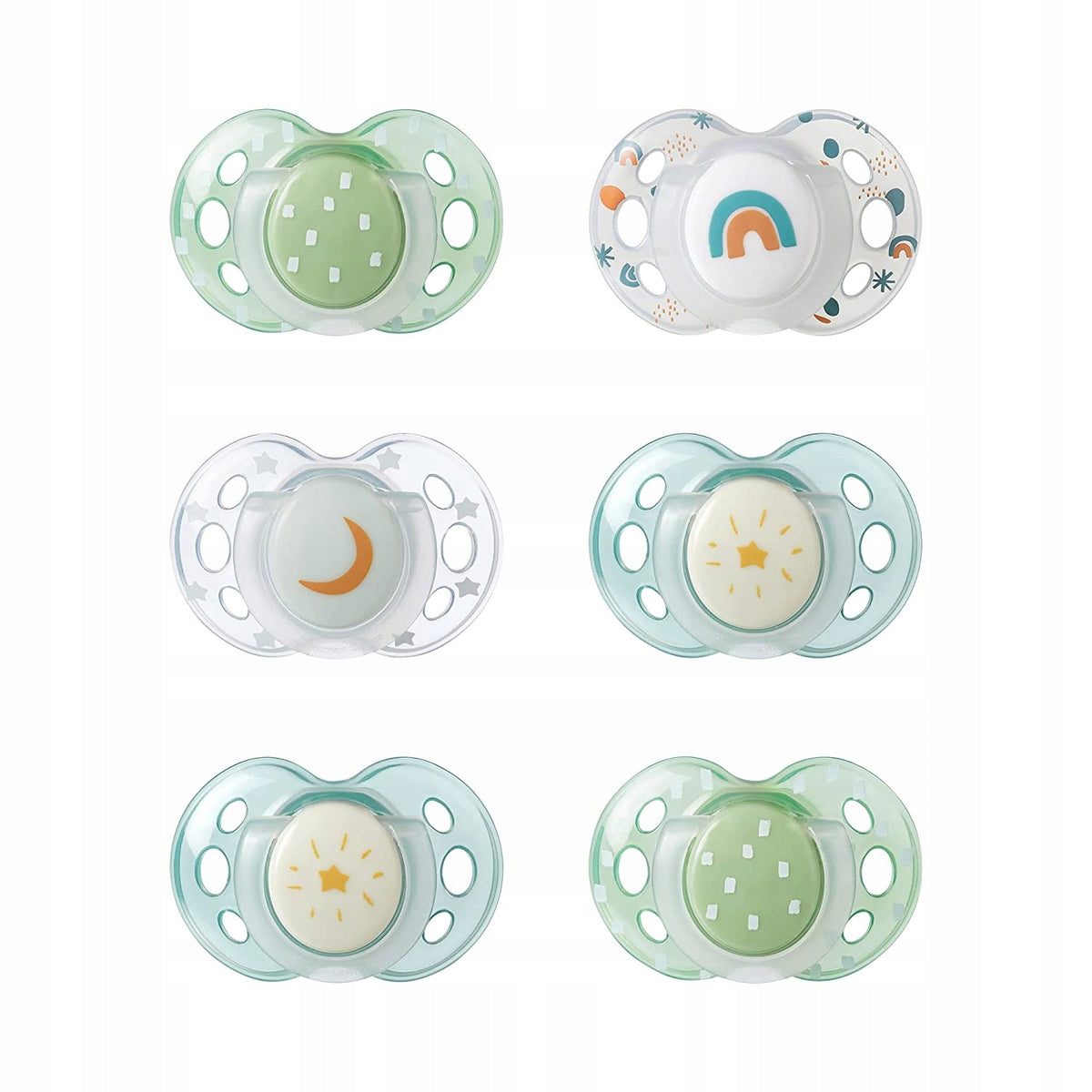 Smoczki Tommee Tippee Night ze wzorami księżyca, gwiazdek i tęczy.