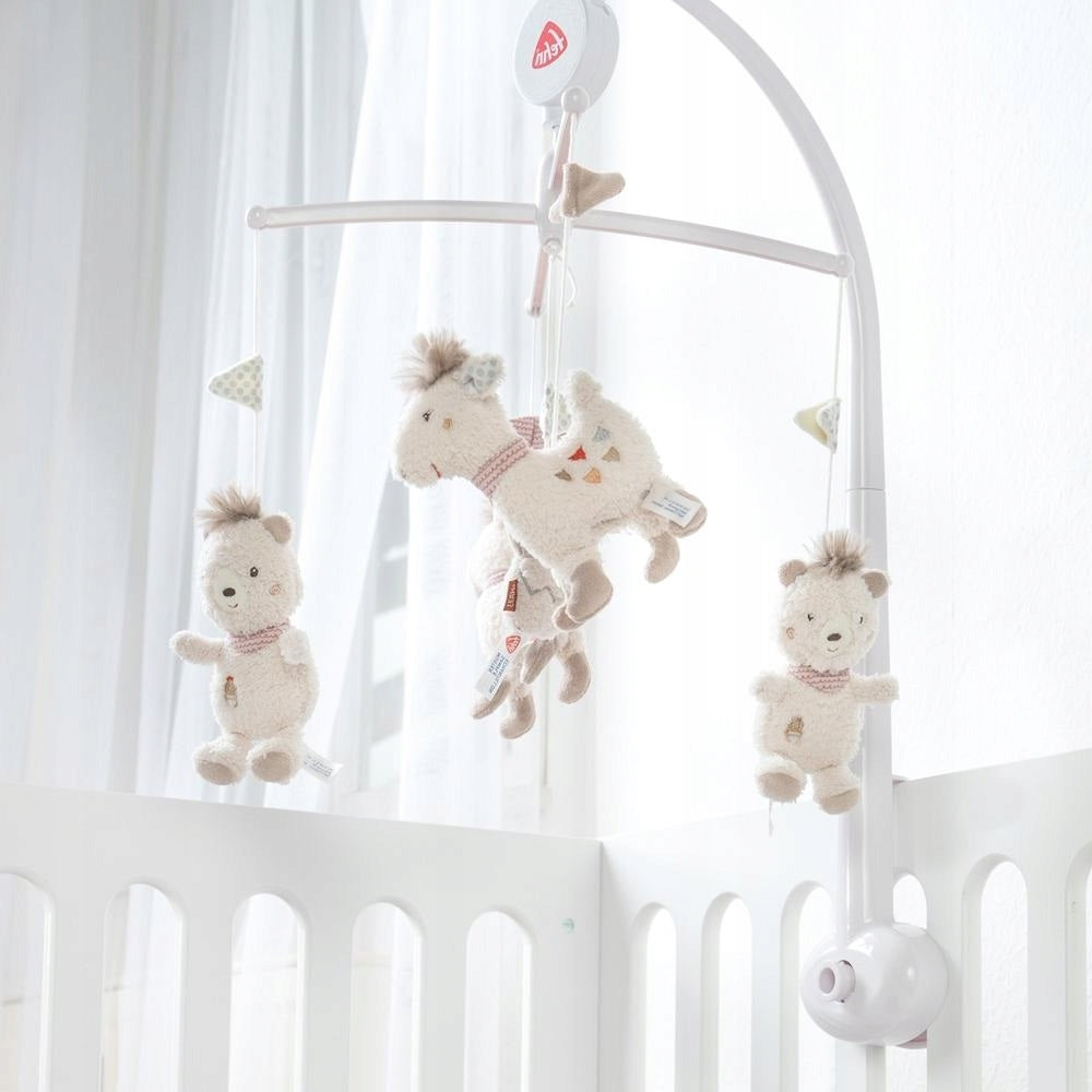 FEHN Peru KARUZELA do łóżeczka, wielokolorowa pozytywka z pluszowymi zabawkami do uspokajania i snu niemowląt