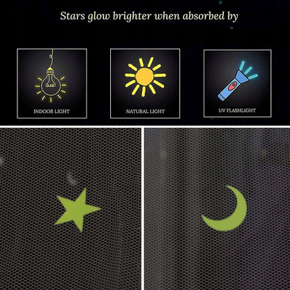GLOW BED moskitiera do łóżeczka, baldachimu z fluorescencyjnymi gwiazdkami. Biała, świecące gwiazdy i księżyc