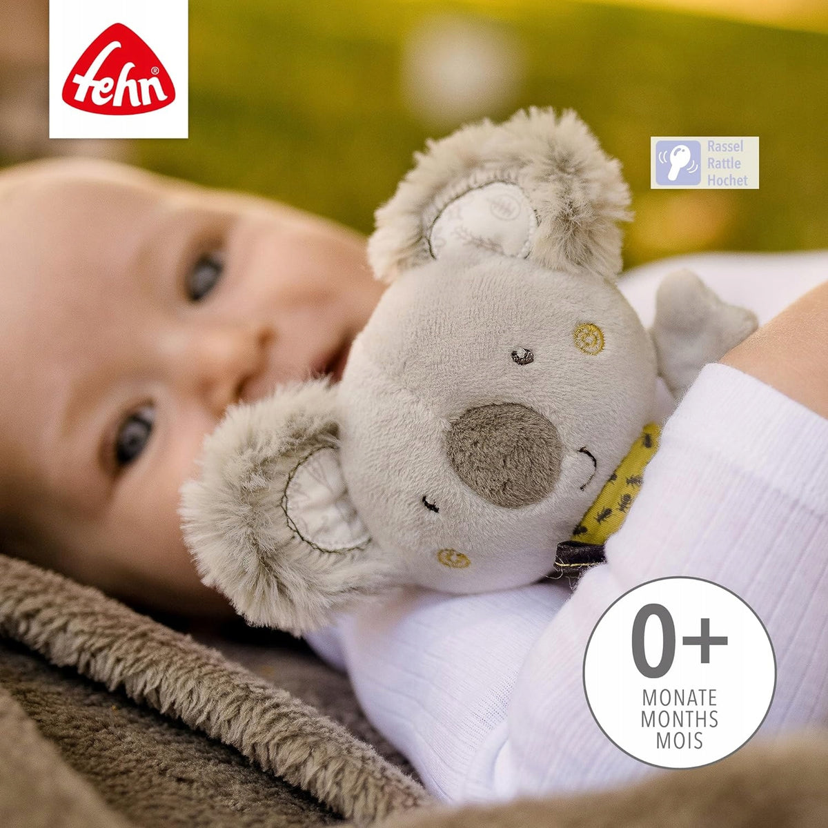 FEHN bawełniany chwytak z grzechotką KOALA 18 cm, miękka zabawka dla niemowląt 0+