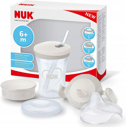 NUK zestaw do nauki picia kubek + 3 ustniki, kubek 230 ml biało-szary
