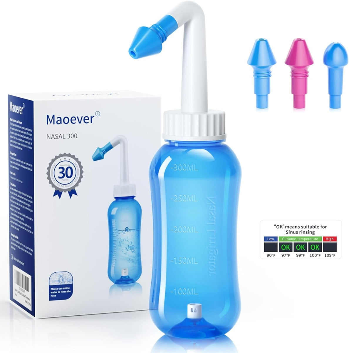 MAOEVER Nasal 300 irrigador nasal para niños y adultos 3 boquillas 300 ml
