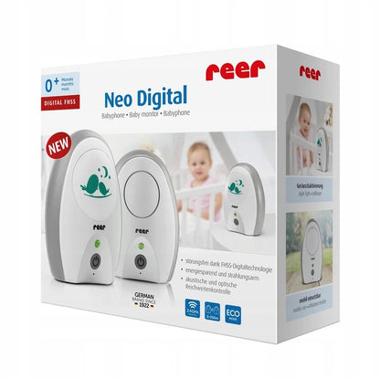 REER Neo Digital cyfrowa niania elektroniczna, biało-szary zestaw baby monitor z ECO mode i USB