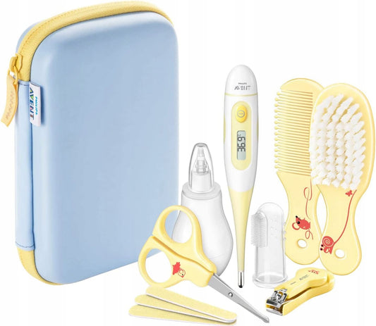 PHILIPS AVENT zestaw do pielęgnacji dziecka + etui, termometr, szczoteczka, nożyczki i akcesoria w błękitno-żółtym etui