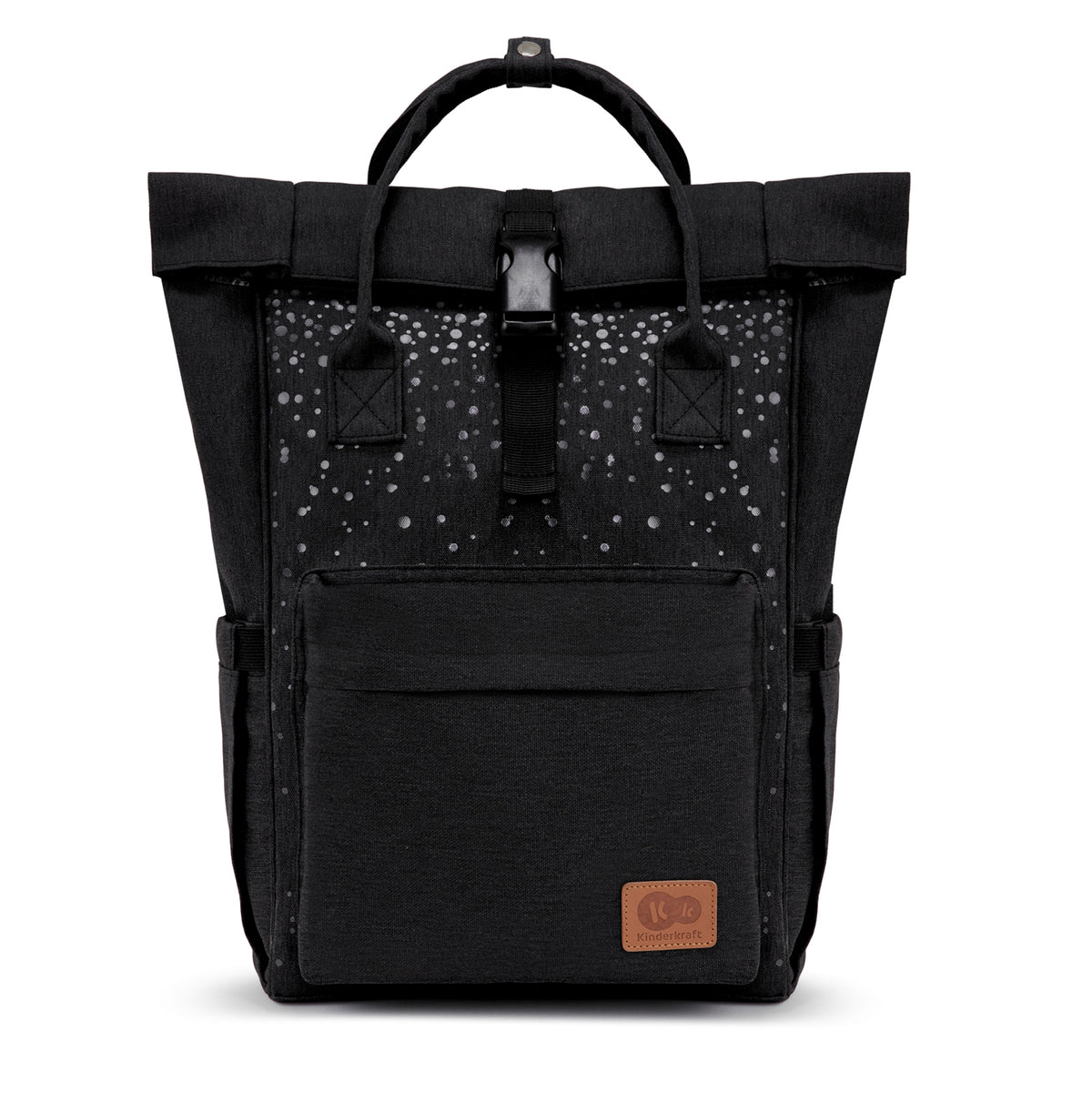 KINDERKRAFT MOONPACK CONFETTI plecak na pieluchy i akcesoria czarny z paskami do wózka i uchwytem do noszenia