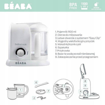 BEABA Babycook ROBOT KUCHENNY 4w1 parowar, mikser, biały, BPA free, 1100 ml, z szpatułką i przykrywką