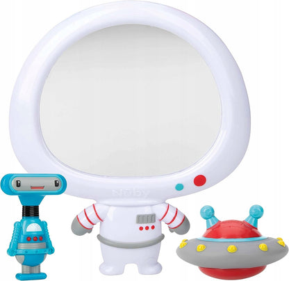 NUBY lusterko z przyssawką + 2 zabawki do kąpieli, białe lusterko UFO z robotem i spodkiem