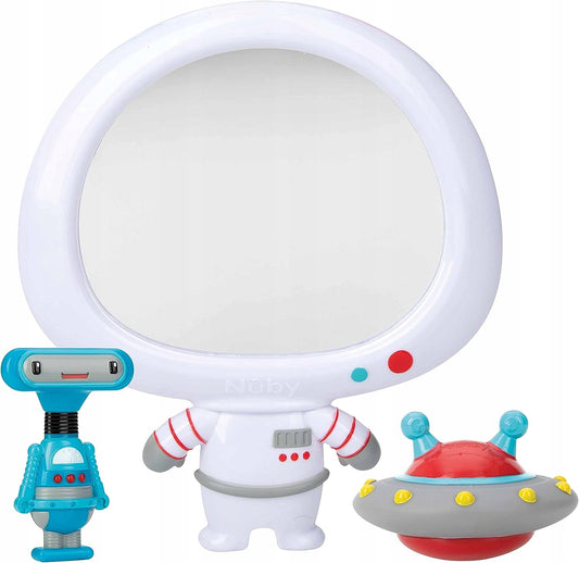 NUBY lusterko z przyssawką + 2 zabawki do kąpieli, białe lusterko UFO z robotem i spodkiem