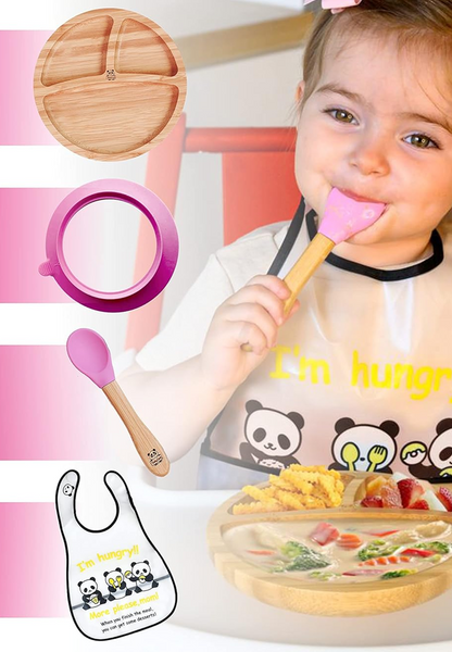 Plato de bambú con ventosa, cuchara y babero para bebés BABYLOVIT