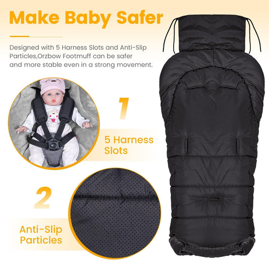 ORZBOW uniwersalny śpiworek do wózków OCIEPLANY, czarny śpiwór z 5 otworami na pasy i antypoślizgowym spodem
