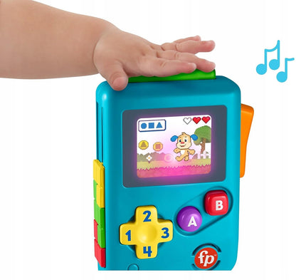FISHER-PRICE Lil Gamer interaktywna konsola retro J.NIEMIECKI, niebieska z przyciskami i dźwiękami