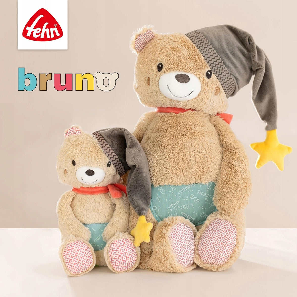 FEHN Miś Bruno wańka WSTAŃKA 14cm grzechotka, pluszowa zabawka dla niemowląt 0+