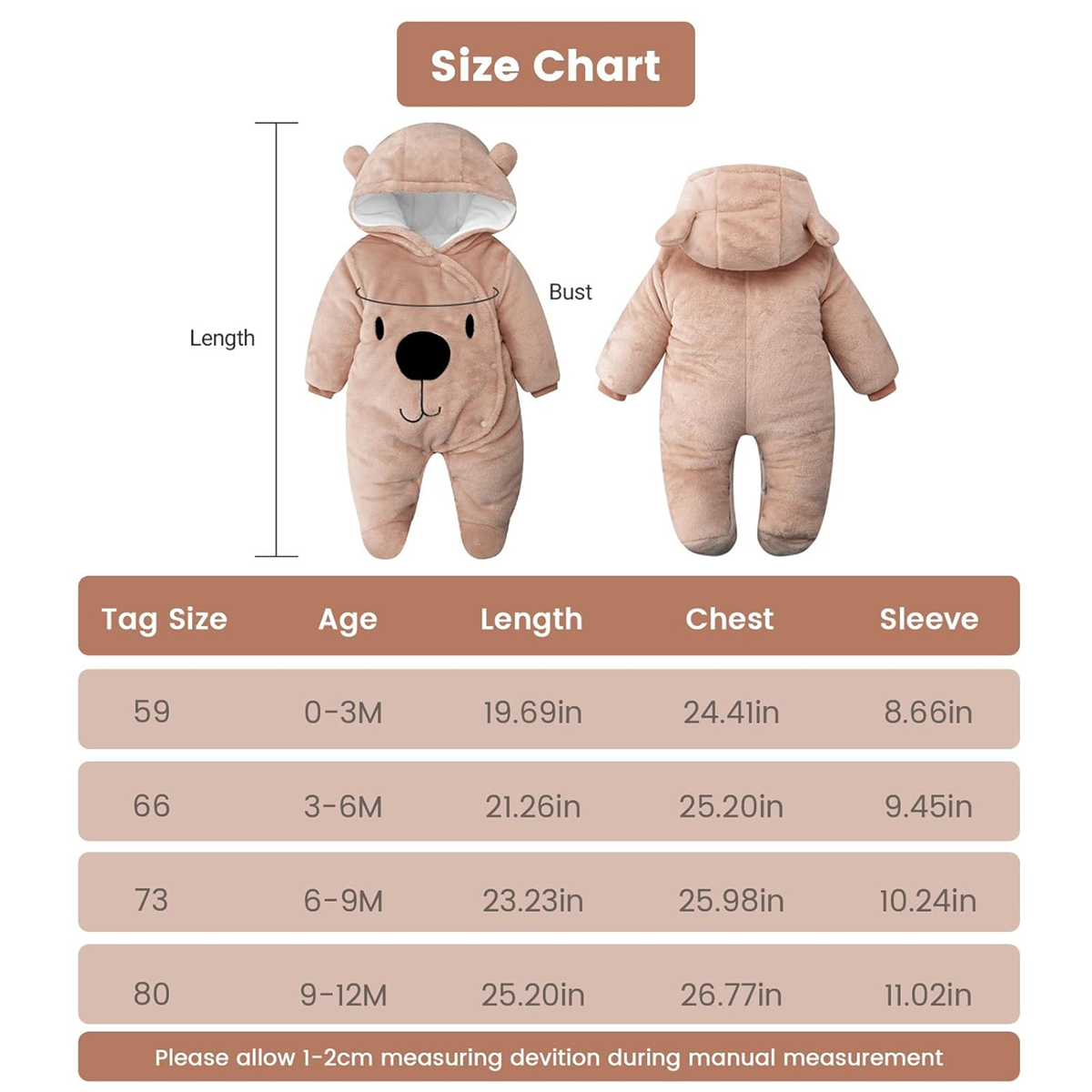 JIAMY mono de invierno con capucha 0-3 meses para bebés