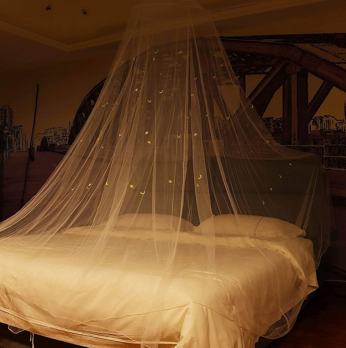 GLOW BED moskitiera do łóżeczka, baldachimu z fluorescencyjnymi gwiazdkami. Biały baldachim nad łóżkiem z gwiazdkami