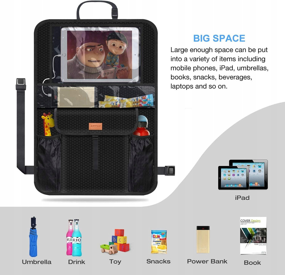 ORGANIZER na fotel samochodowy wodoodporny x2 czarny z kieszenią na iPad, 68x46 cm, Oxford 600D