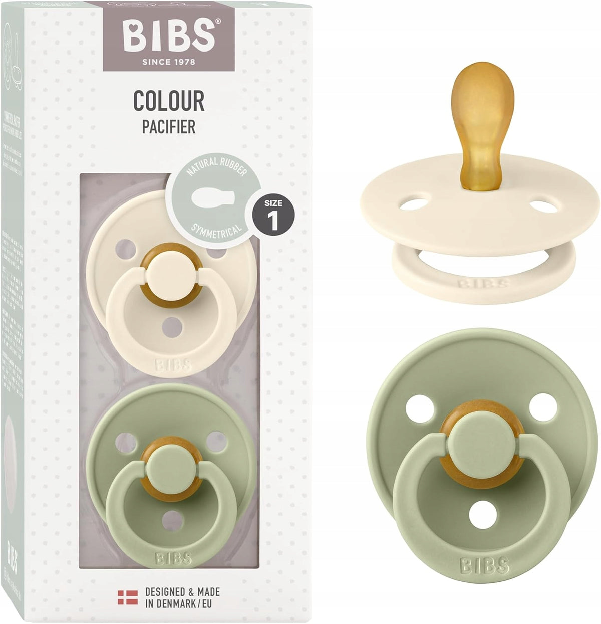 BIBS COLOUR smoczki uspokajające 2pack kauczuk 0-6 msc. klasyczne smoczki naturalny kauczuk, rozmiar 1