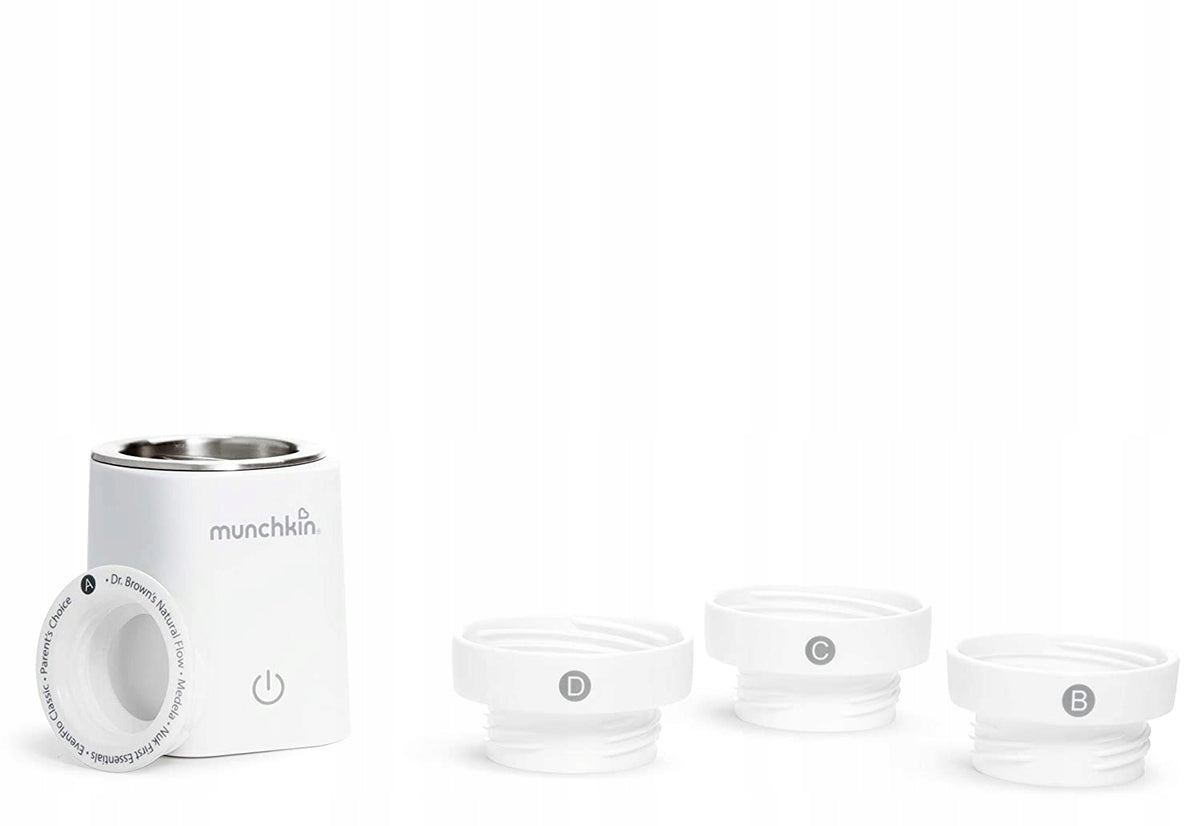 MUNCHKIN 37° cyfrowy podgrzewacz do butelek biały zasilanie sieciowe z adapterami do butelek, nowy