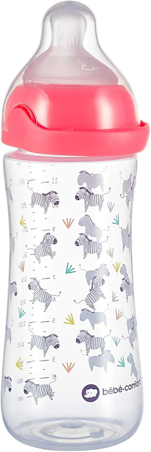 BEBE CONFORT Emotion Physio butelka 6 m+ 360 ml ZEBRA, różowa butelka dla niemowląt z motywem zebry