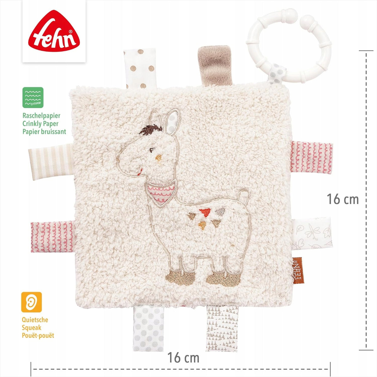 FEHN Peru zawieszka chustka szeleszcząca LAMA, beżowa, 16 cm, z papierem szeleszczącym do wózka i łóżeczka